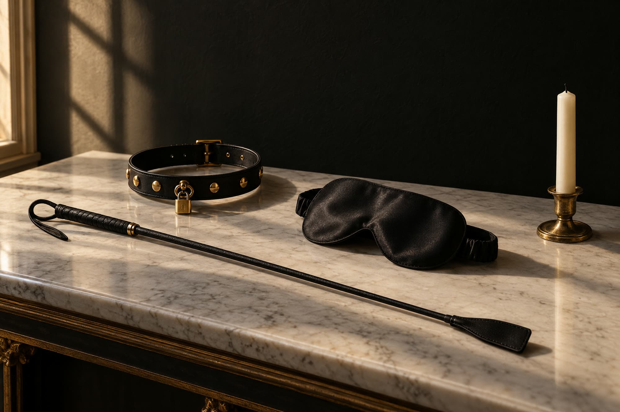 Sur une console de marbre : collier clouté d'or, cravache, bandeau de satin et bougie