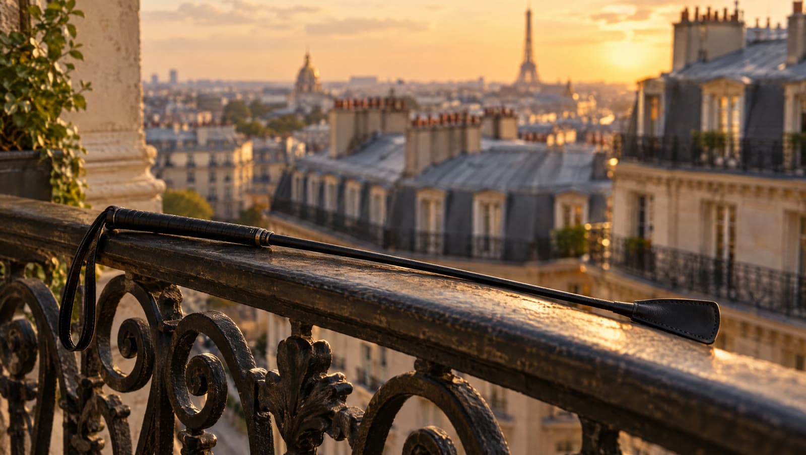 Cravache de cuir noir posée sur la rambarde d'un balcon, toits de Paris au couchant